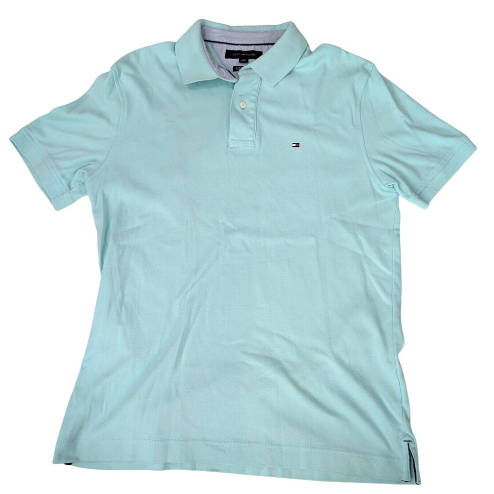 Tommy Hilfiger Polo Shirt Teal Custom Fit Short‎ Sleeve Mens Size L